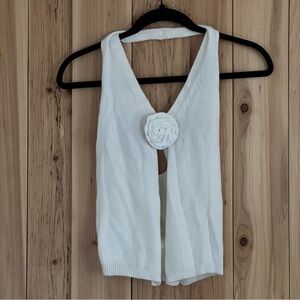 White Sleeveless Knit Top with Rosette Detail